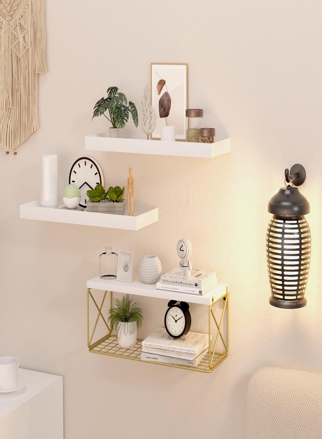 Bloddream Floating Bathroom Shelves with Wire Storage Basket, Wall Mounted Shelf Over Toilet, 3+1 Tier Wall Decor Small 15.7 Inch Set of 3(White) - Image 3